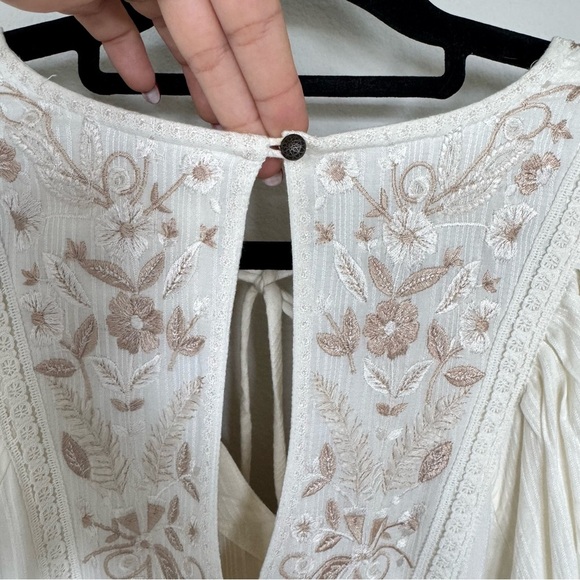 Anthropologie Cream and Brown Embroidered Bohemian balloon sleeve dress XS - Picture 4 of 17